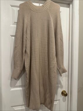 Express Cream Ribbed Crewneck Sweater Dress